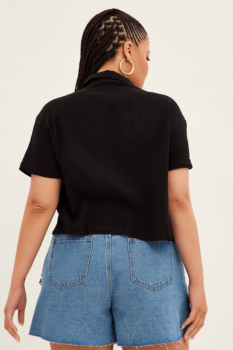 Black Crop Shirt Short Sleeve Button Up for YouandAll Fashion