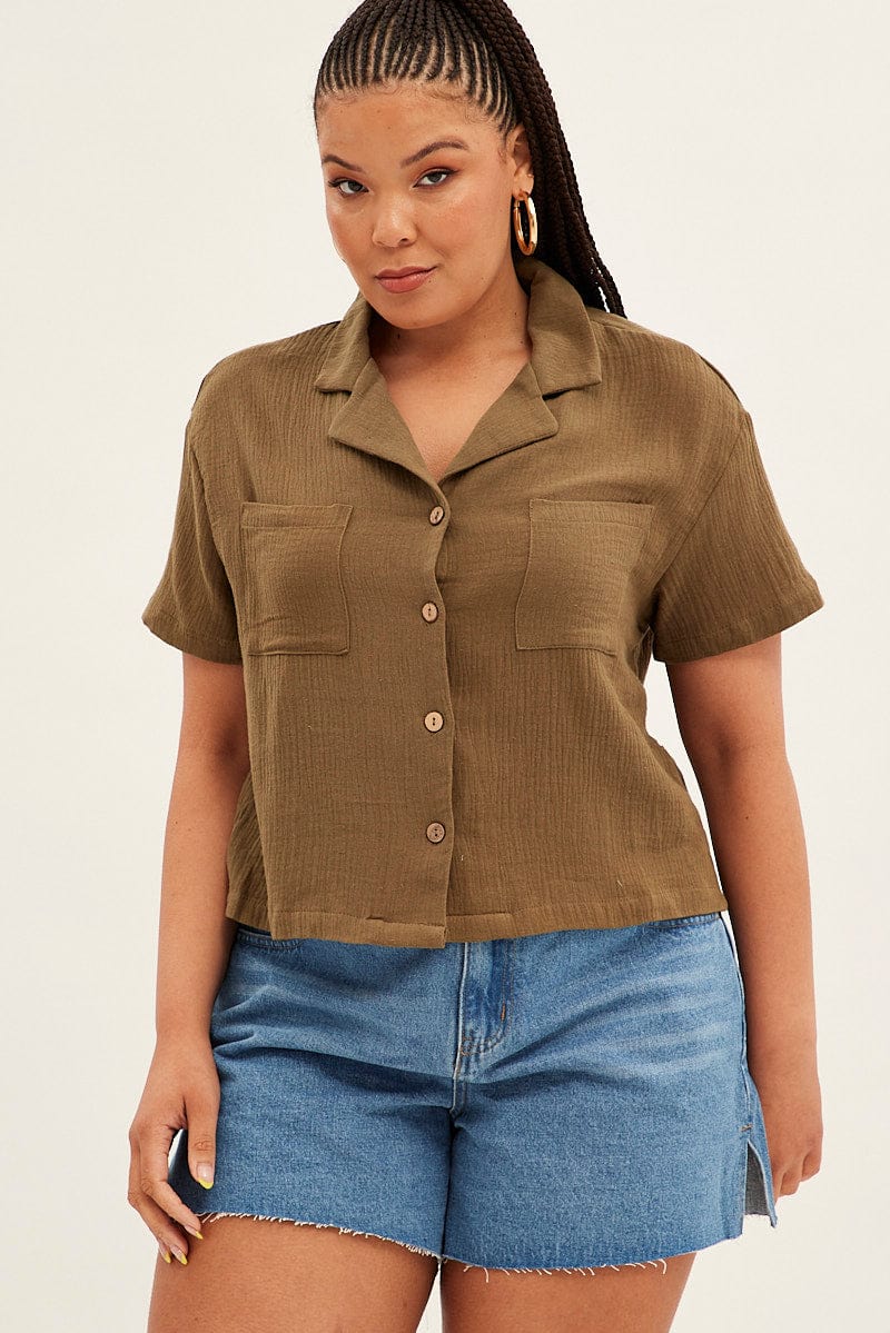 Green Crop Shirt Short Sleeve Button Up for YouandAll Fashion