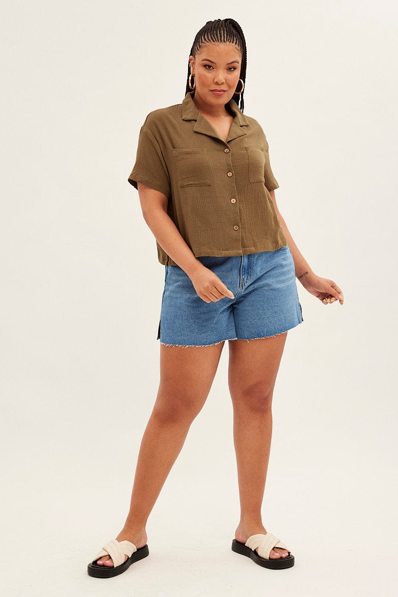 Green Crop Shirt Short Sleeve Button Up for YouandAll Fashion