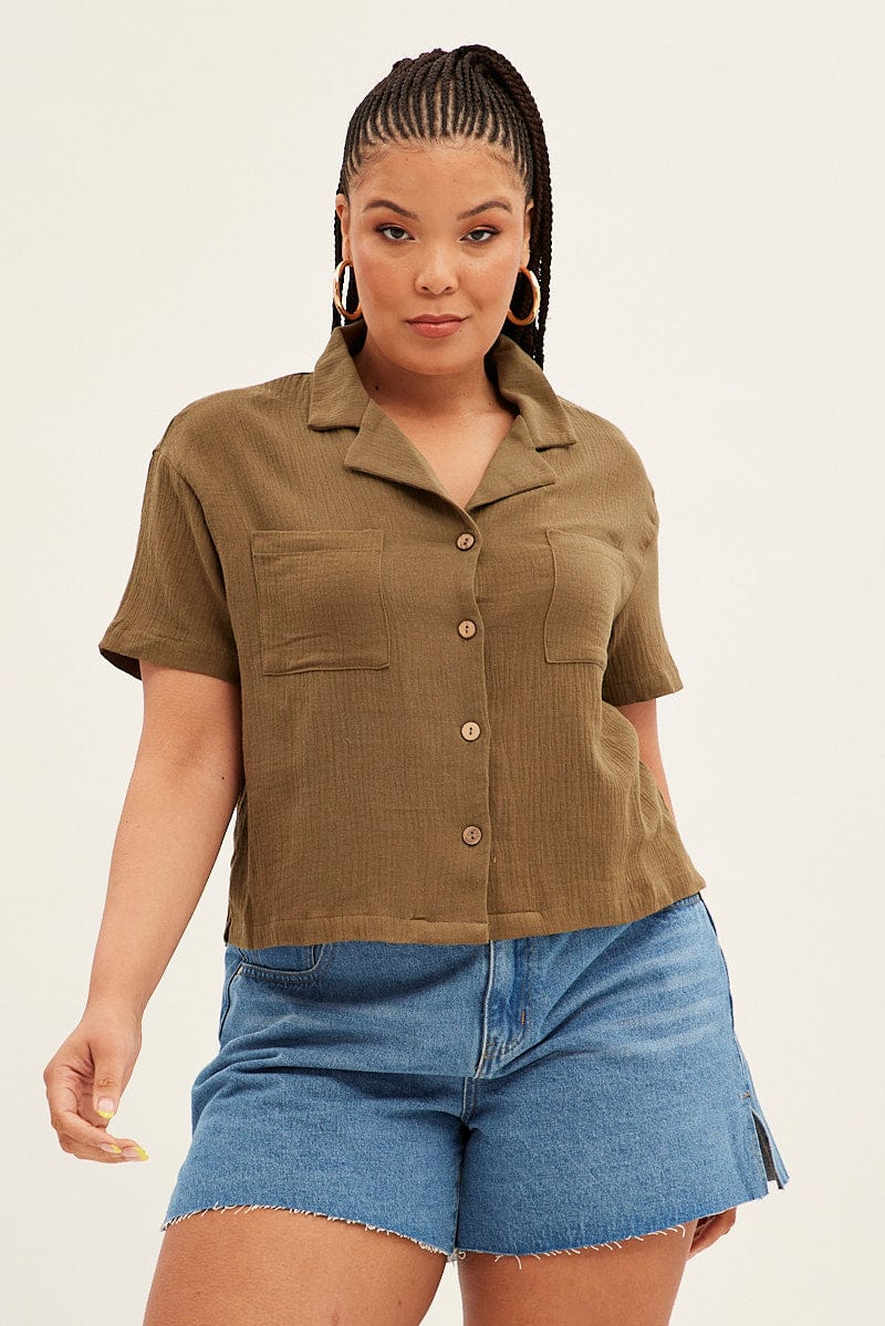 Green Crop Shirt Short Sleeve Button Up for YouandAll Fashion