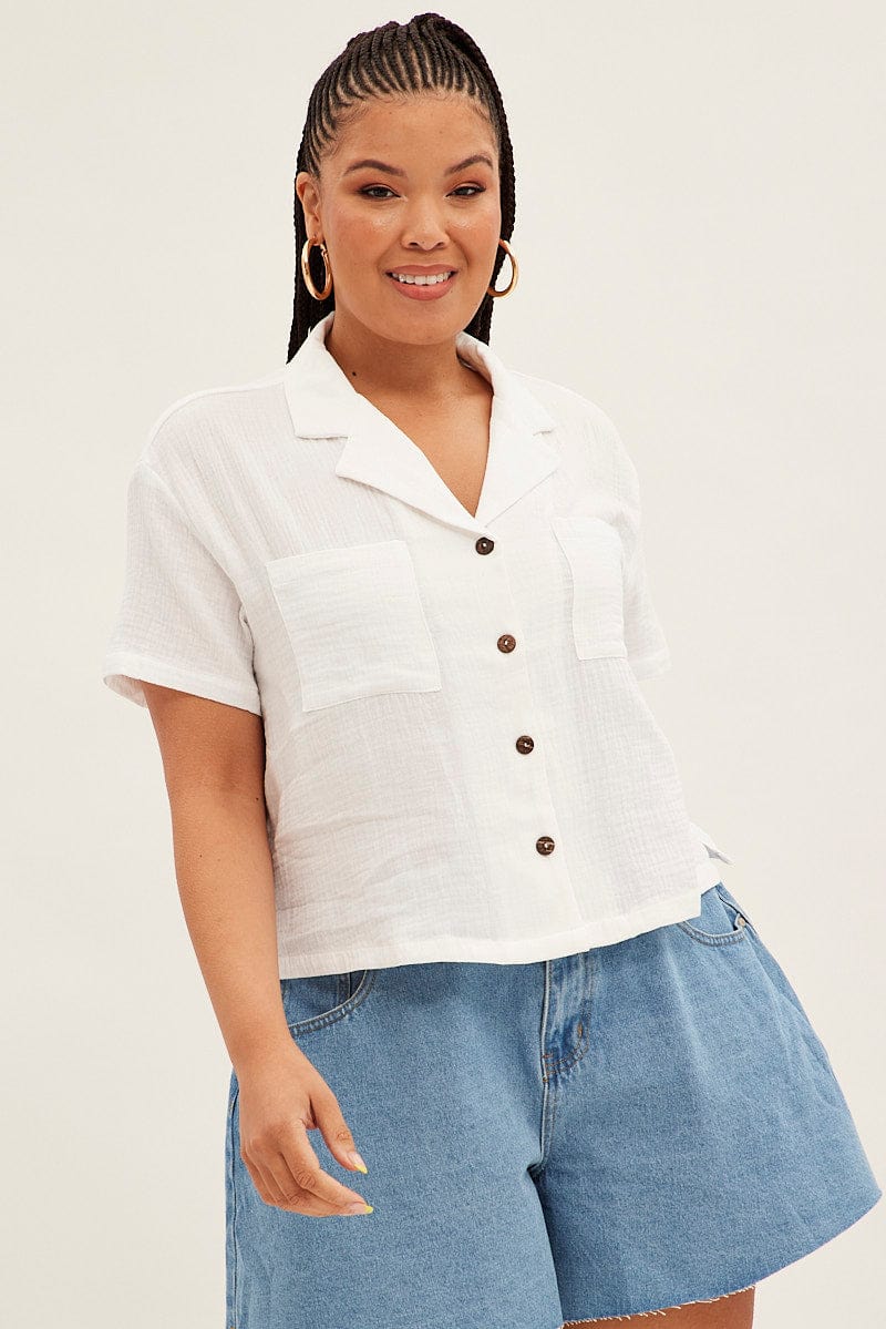 White Crop Shirt Short Sleeve Button Up for YouandAll Fashion