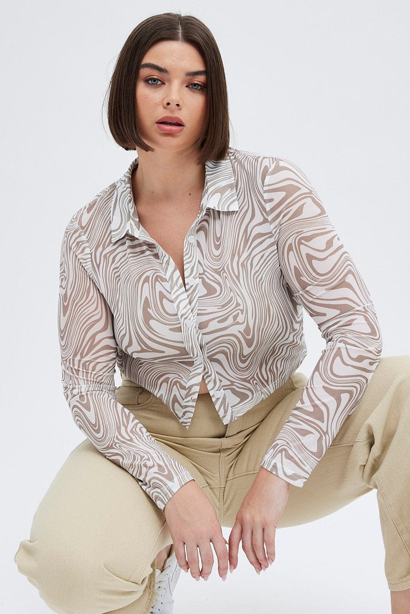 Brown Animal Print Mesh Shirt Long Sleeve for YouandAll Fashion
