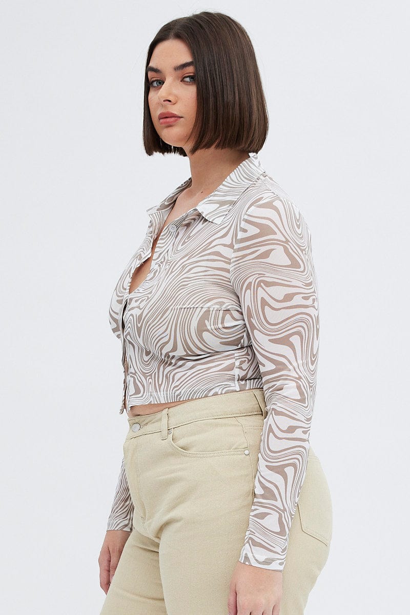 Brown Animal Print Mesh Shirt Long Sleeve for YouandAll Fashion