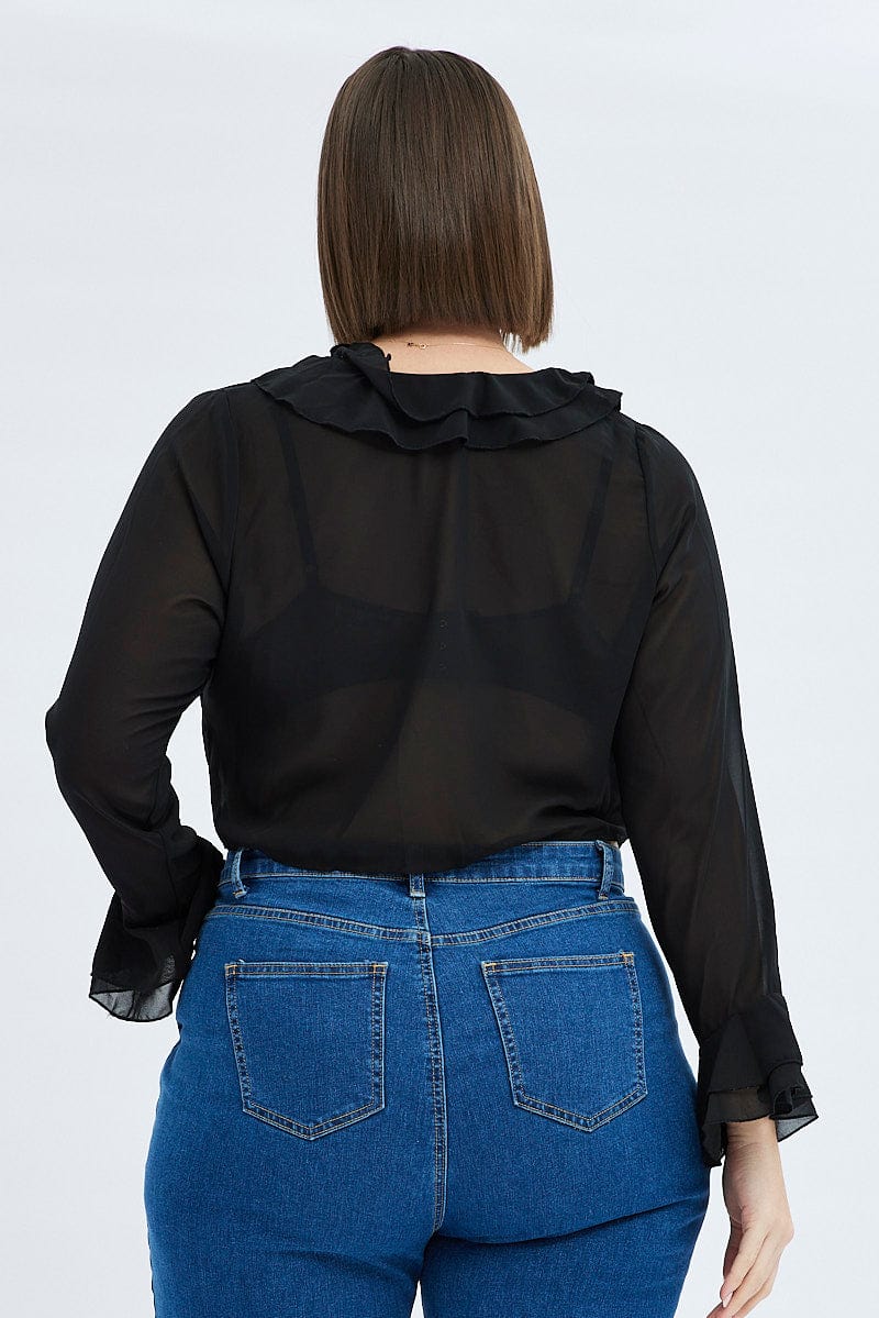 Black Ruffle Top Long Sleeve Chiffon You All