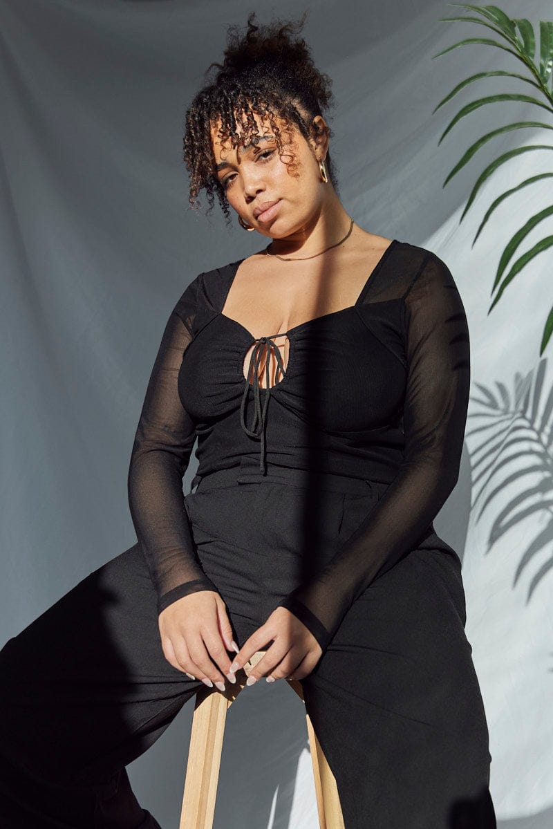 Black Bodysuit Long Sleeve Mesh for YouandAll Fashion