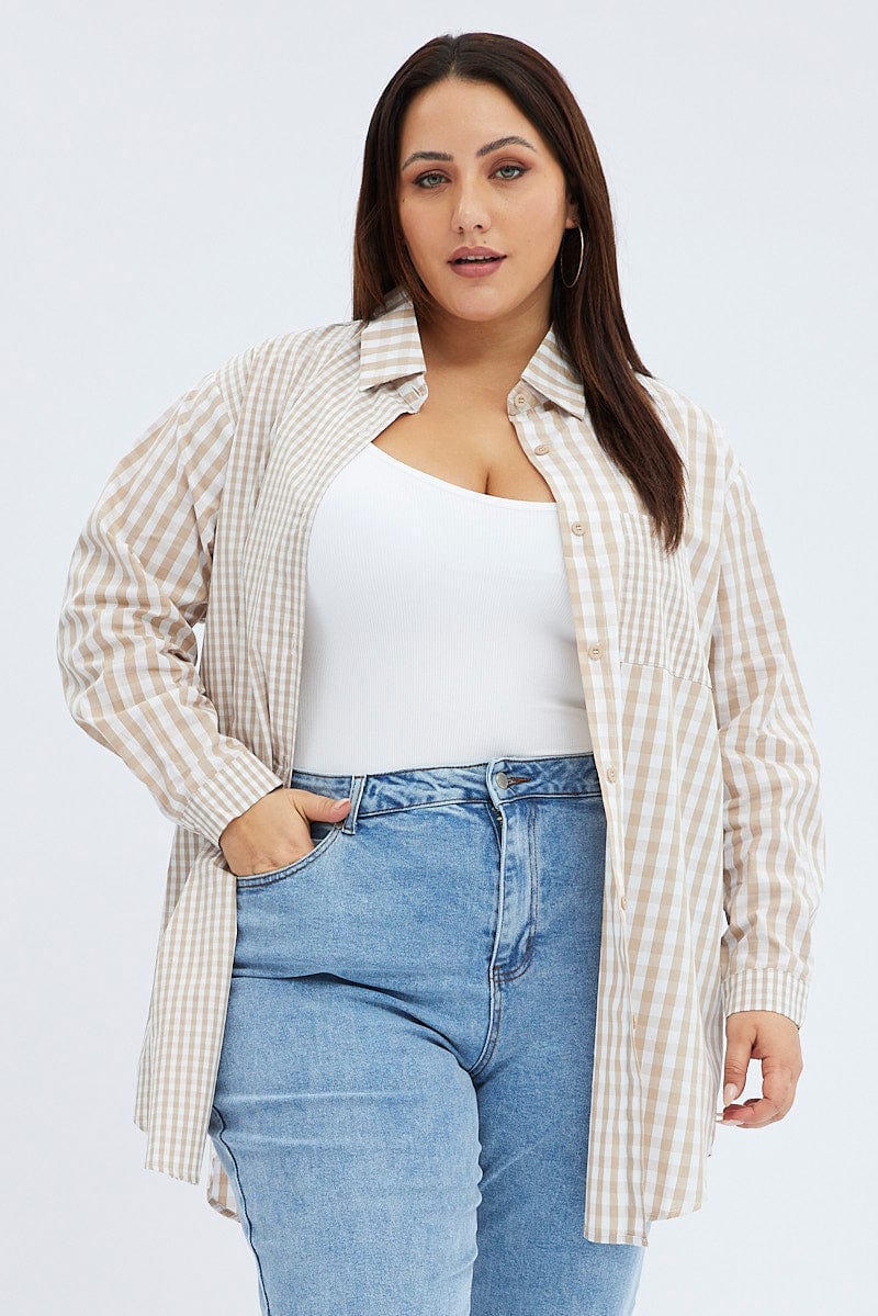 Beige Check Relaxed Shirt Long Sleeve Mixed Check for YouandAll Fashion