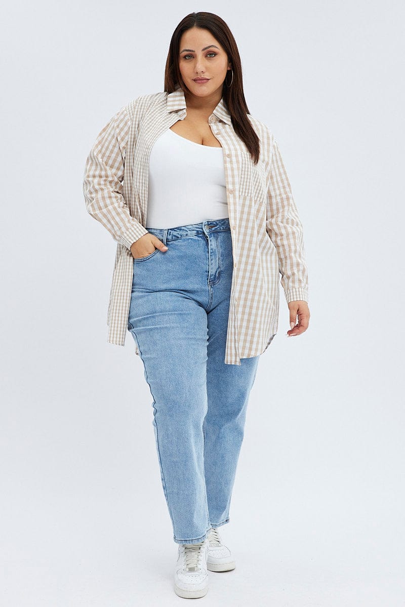 Beige Check Relaxed Shirt Long Sleeve Mixed Check for YouandAll Fashion