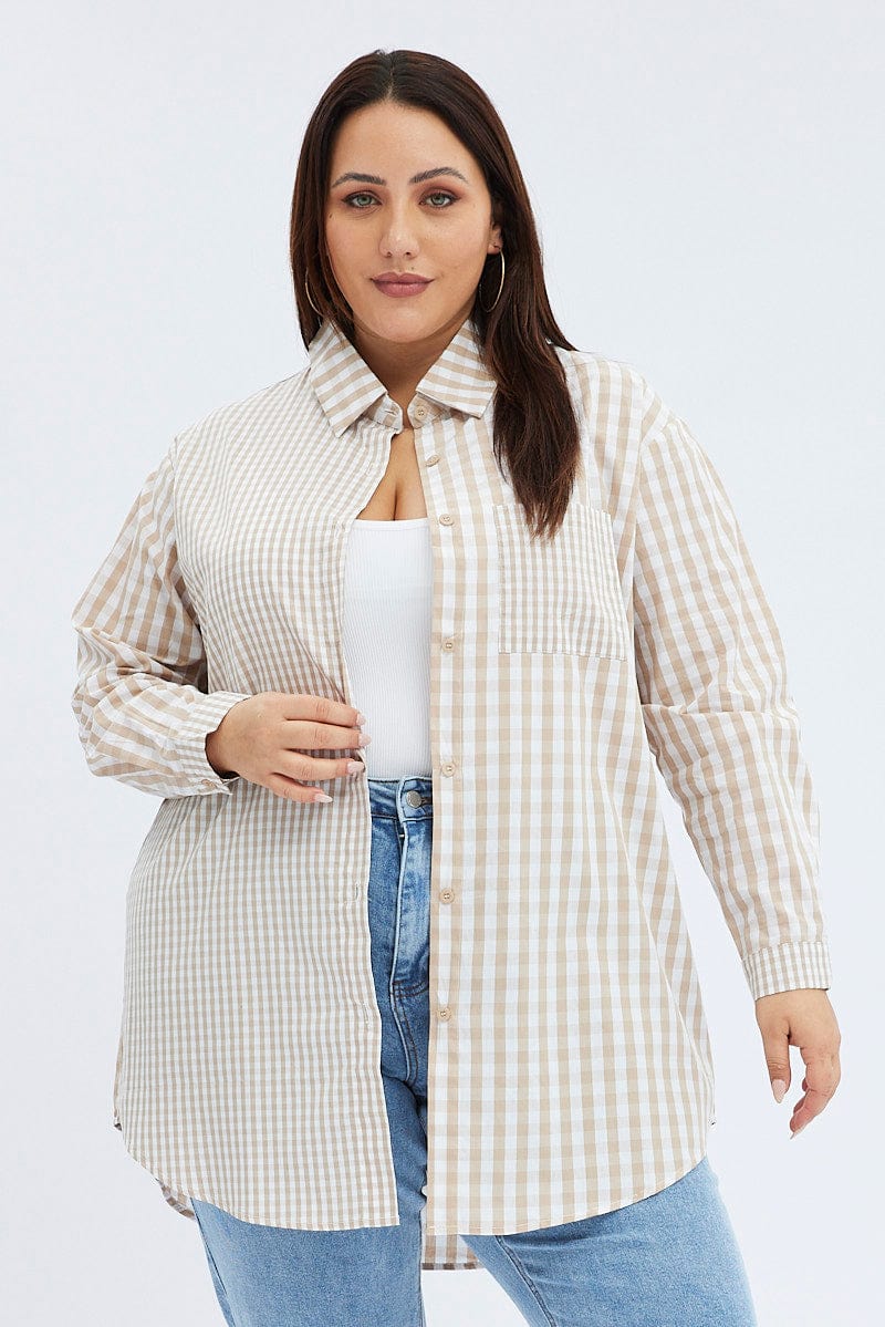 Beige Check Relaxed Shirt Long Sleeve Mixed Check for YouandAll Fashion