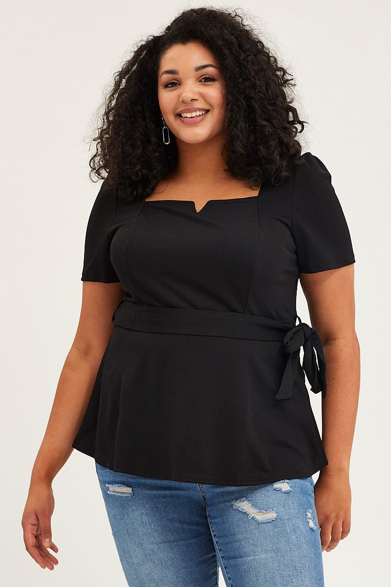 Black Short Sleeve Black Peplum Top For Women By You And All