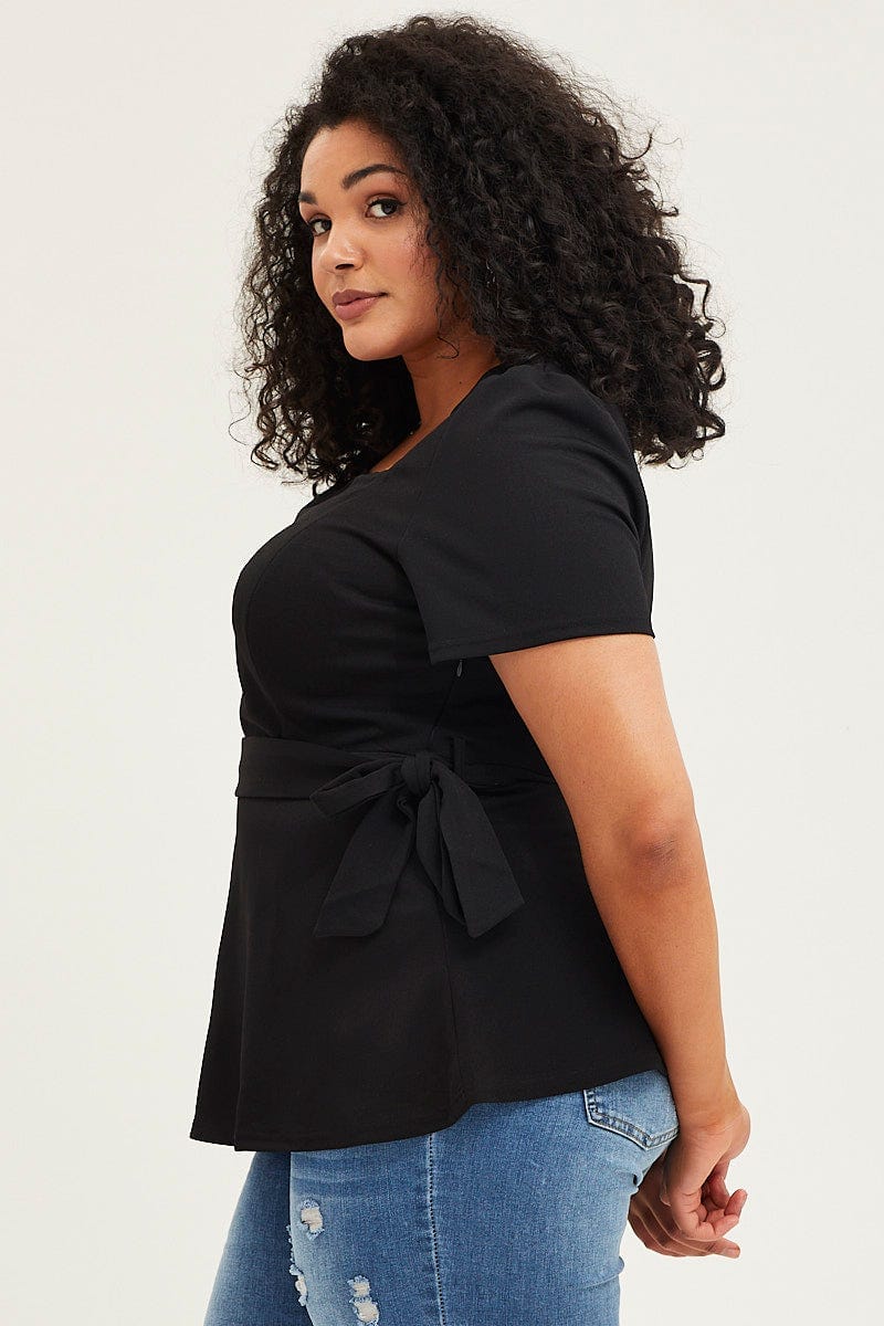 Black Short Sleeve Black Peplum Top For Women By You And All