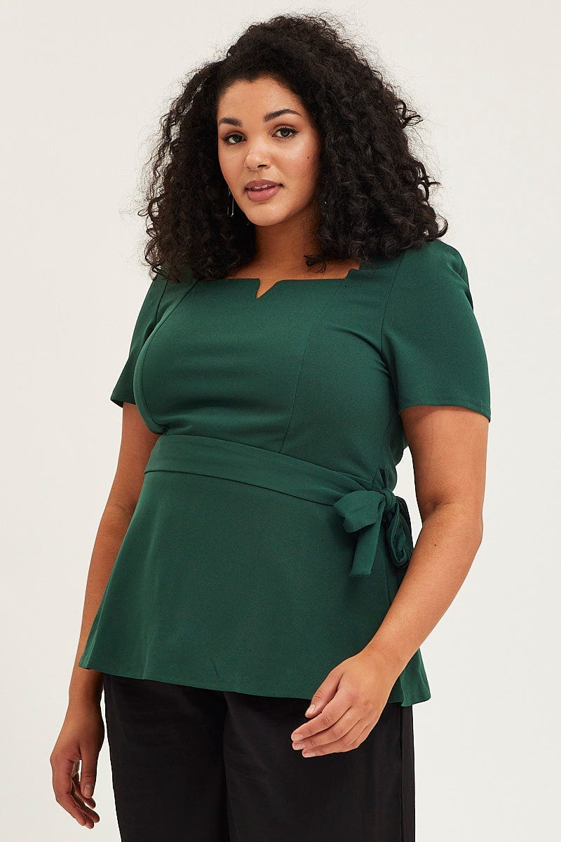 Green Short Sleeve Hunter Green Peplum Top For Women By You And All