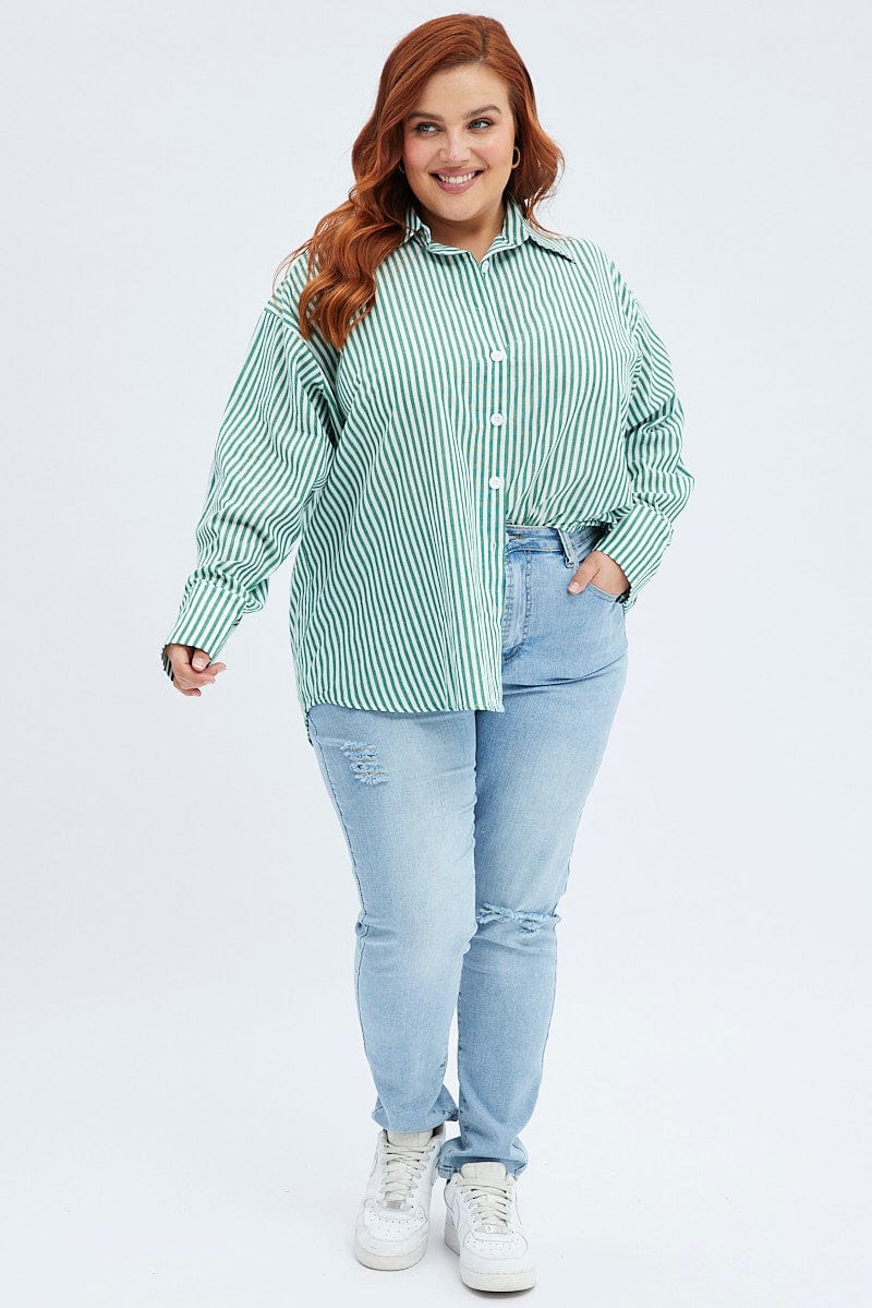 Green Stripe Relaxed Shirt Long Sleeve for YouandAll Fashion