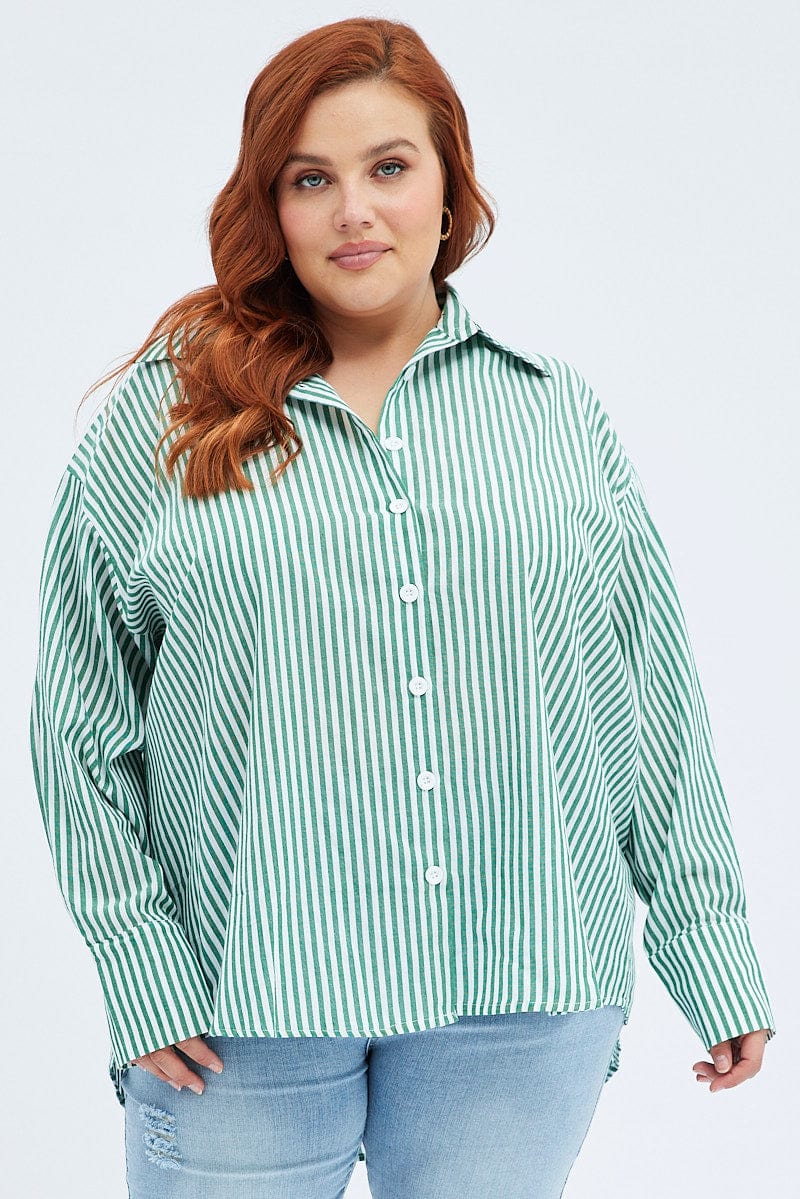 Green Stripe Relaxed Shirt Long Sleeve for YouandAll Fashion