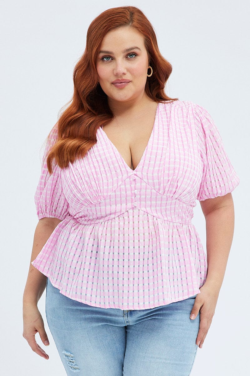 Pink Peplum Top Short Sleeve Self Check for YouandAll Fashion