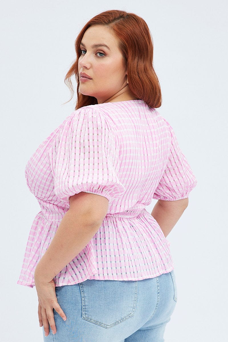 Pink Peplum Top Short Sleeve Self Check for YouandAll Fashion