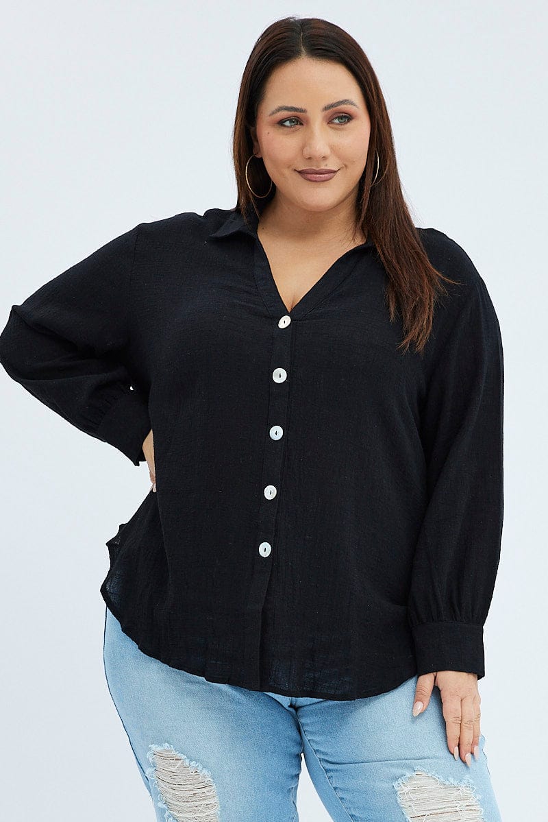 Black Relaxed Shirt Long Sleeve V Neck for YouandAll Fashion