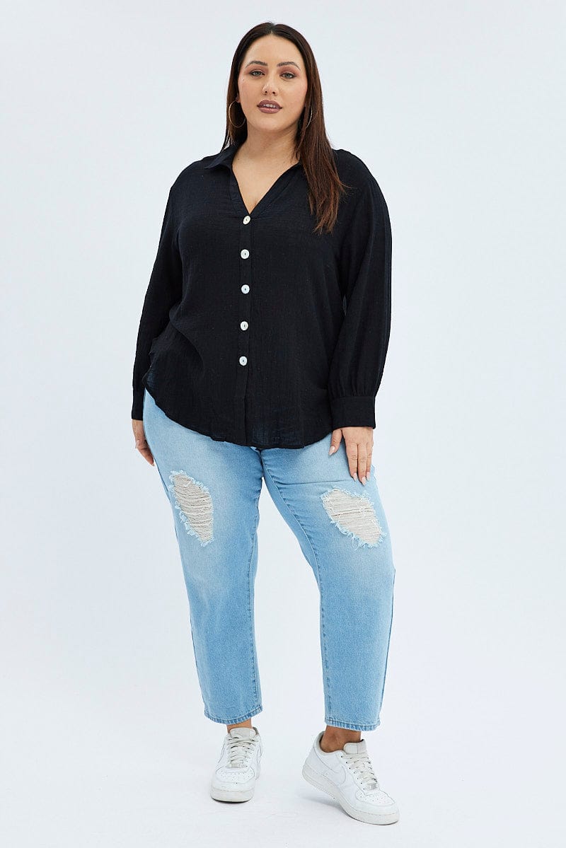 Black Relaxed Shirt Long Sleeve V Neck for YouandAll Fashion