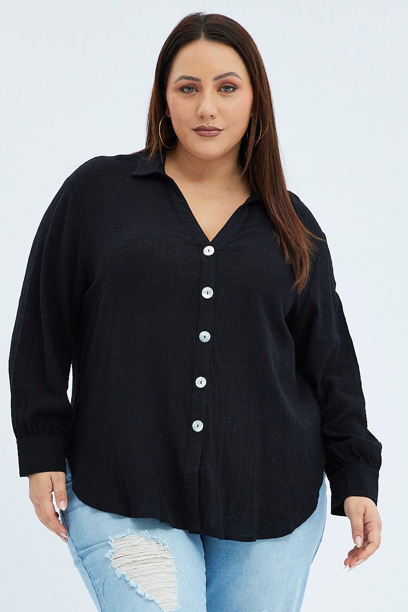 Black Relaxed Shirt Long Sleeve V Neck for YouandAll Fashion