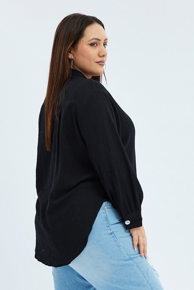 Black Relaxed Shirt Long Sleeve V Neck for YouandAll Fashion