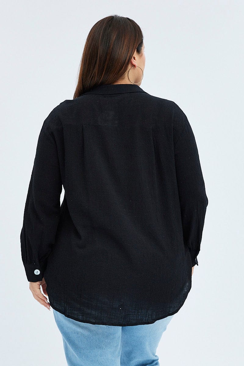 Black Relaxed Shirt Long Sleeve V Neck for YouandAll Fashion