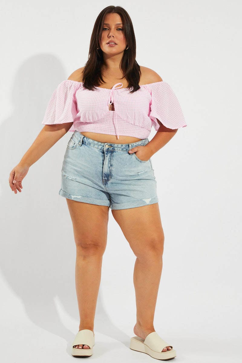 Pink Check Crop Top Short Sleeve Cut Out for YouandAll Fashion