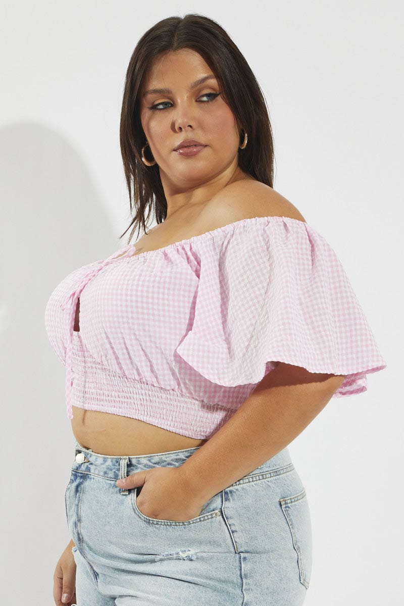 Pink Check Crop Top Short Sleeve Cut Out for YouandAll Fashion