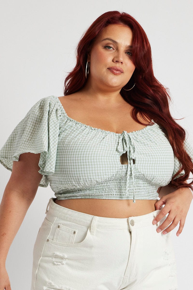 Green Check Crop Top Short Sleeve Cut Out for YouandAll Fashion