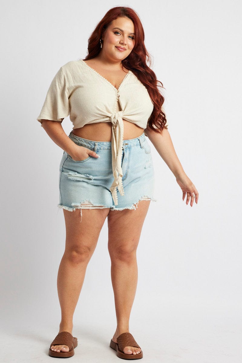 Beige Crop Top Short Sleeve Tie Front Linen Blend You All