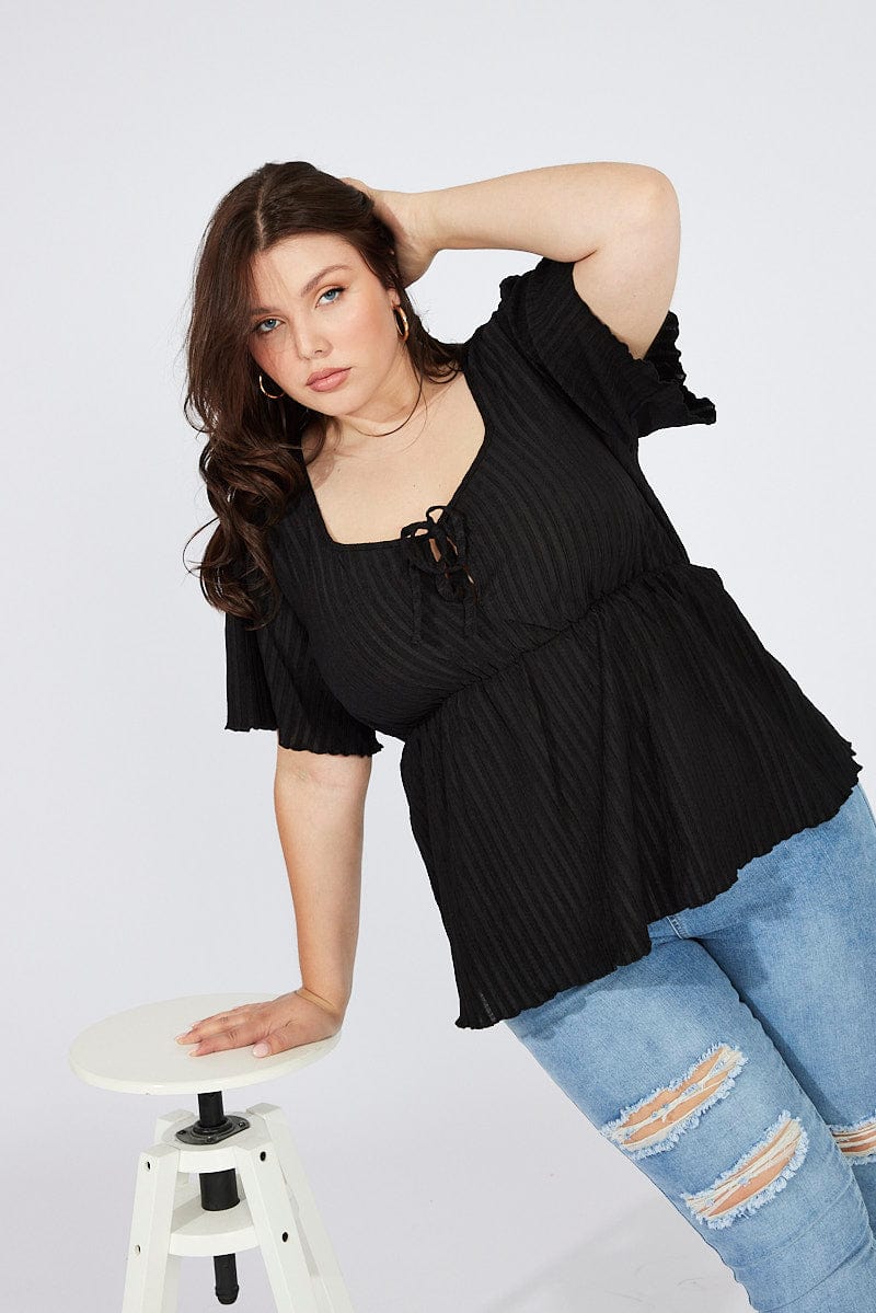 Black Smock Top Short Sleeve Textured for YouandAll Fashion