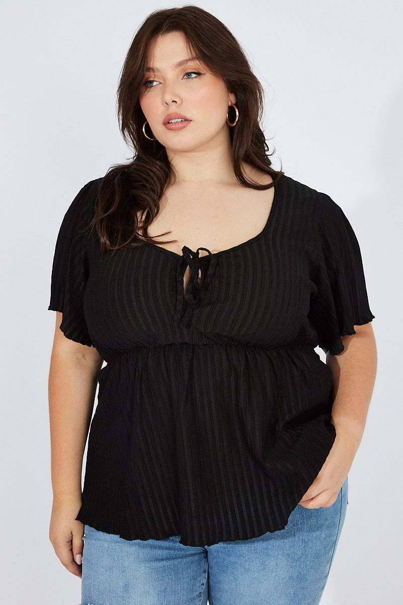 Black Smock Top Short Sleeve Textured for YouandAll Fashion