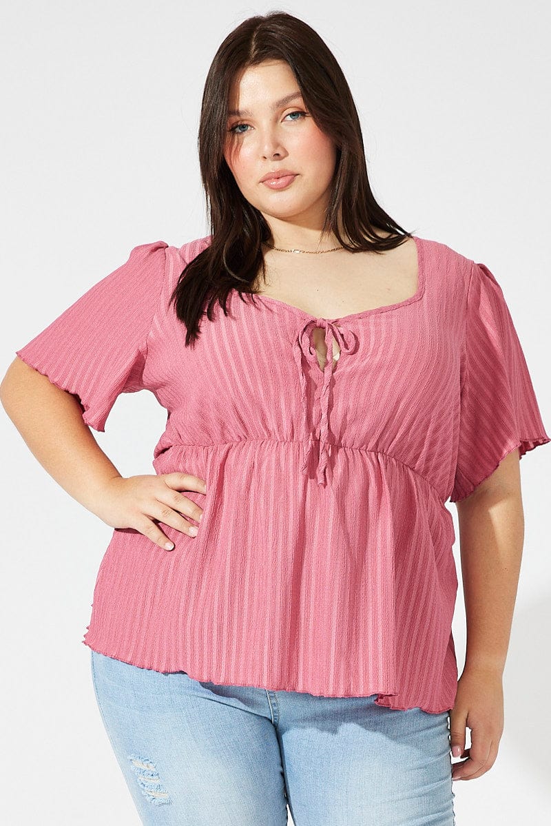 Pink Smock Top Short Sleeve Textured for YouandAll Fashion