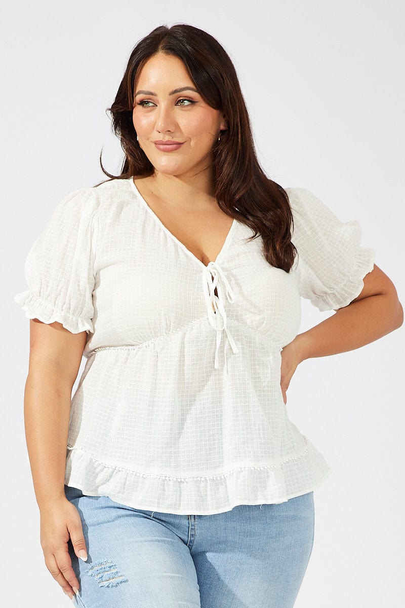 White Smock Top Short Sleeve Tie Front for YouandAll Fashion