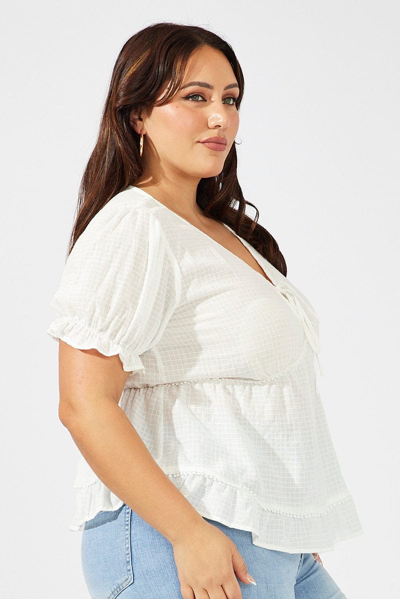 White Smock Top Short Sleeve Tie Front for YouandAll Fashion