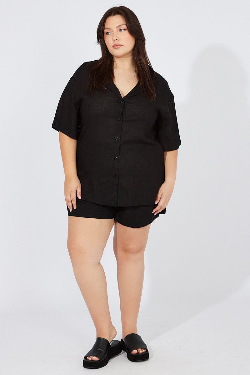 Black Relaxed Shirt Short Sleeve Viscose Linen for YouandAll Fashion