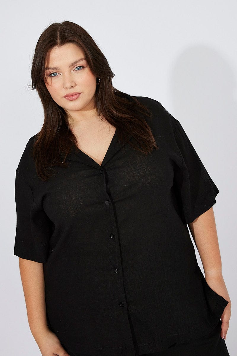 Black Relaxed Shirt Short Sleeve Viscose Linen for YouandAll Fashion