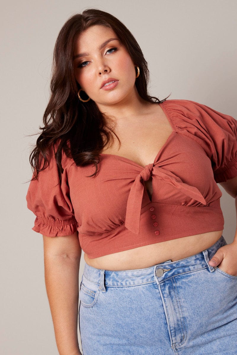 Brown Crop Top Short Sleeve Tie Front for YouandAll Fashion