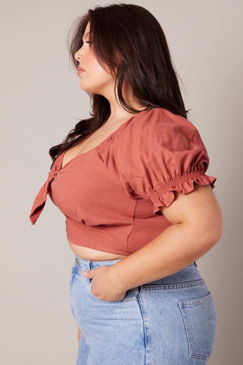 Brown Crop Top Short Sleeve Tie Front for YouandAll Fashion