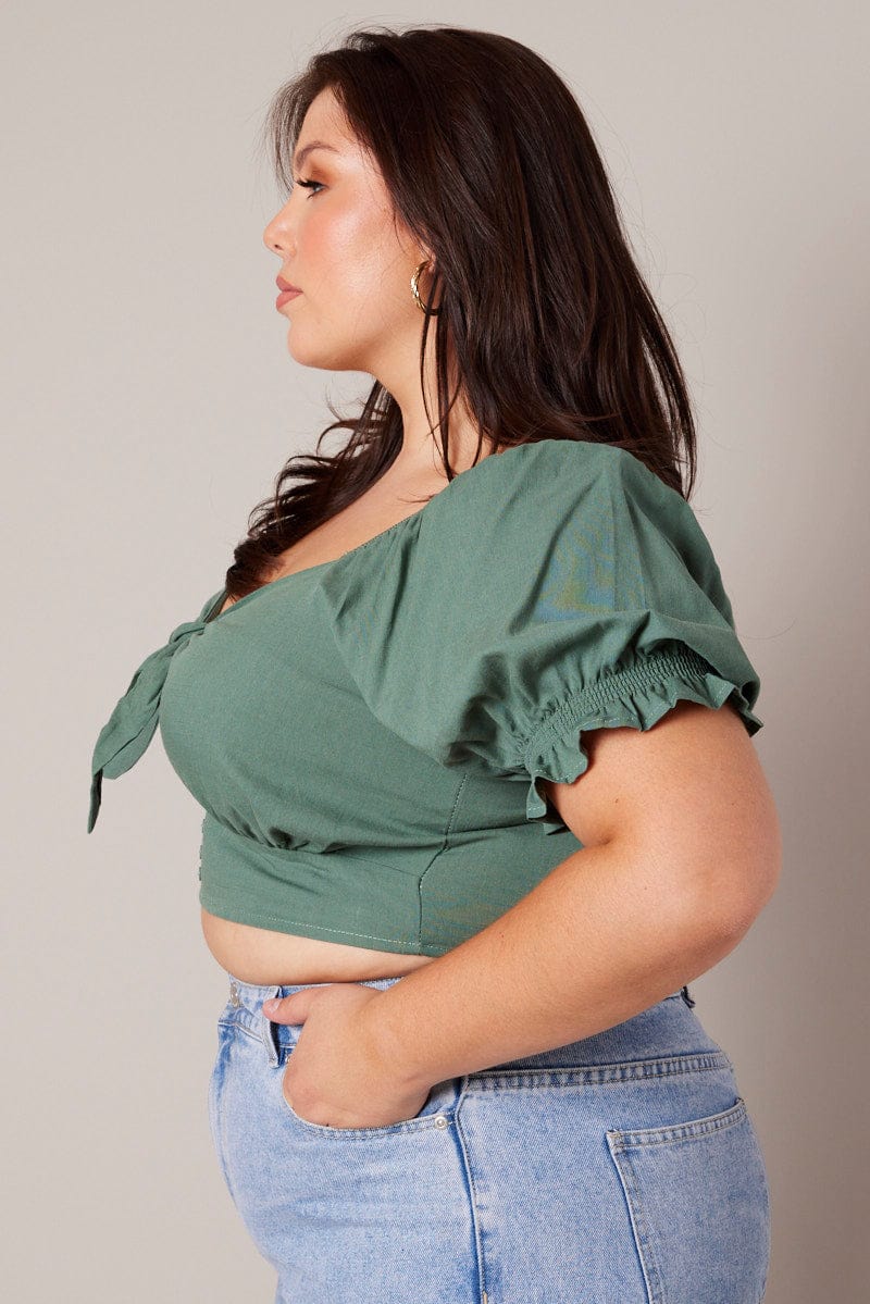 Green Crop Top Short Sleeve Tie Front for YouandAll Fashion