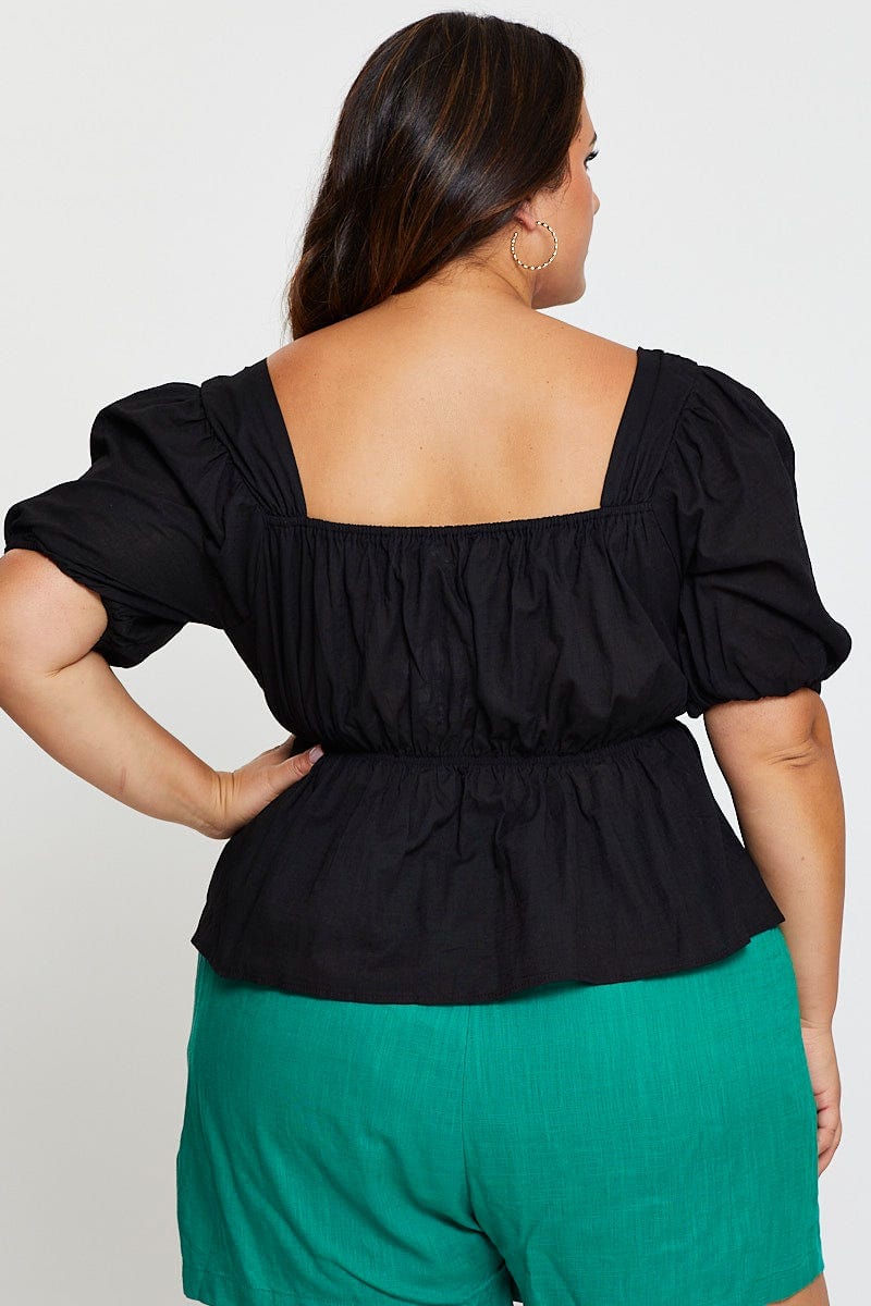 Black  Peplum Top Square Neck Short Sleeve for Women by You and All