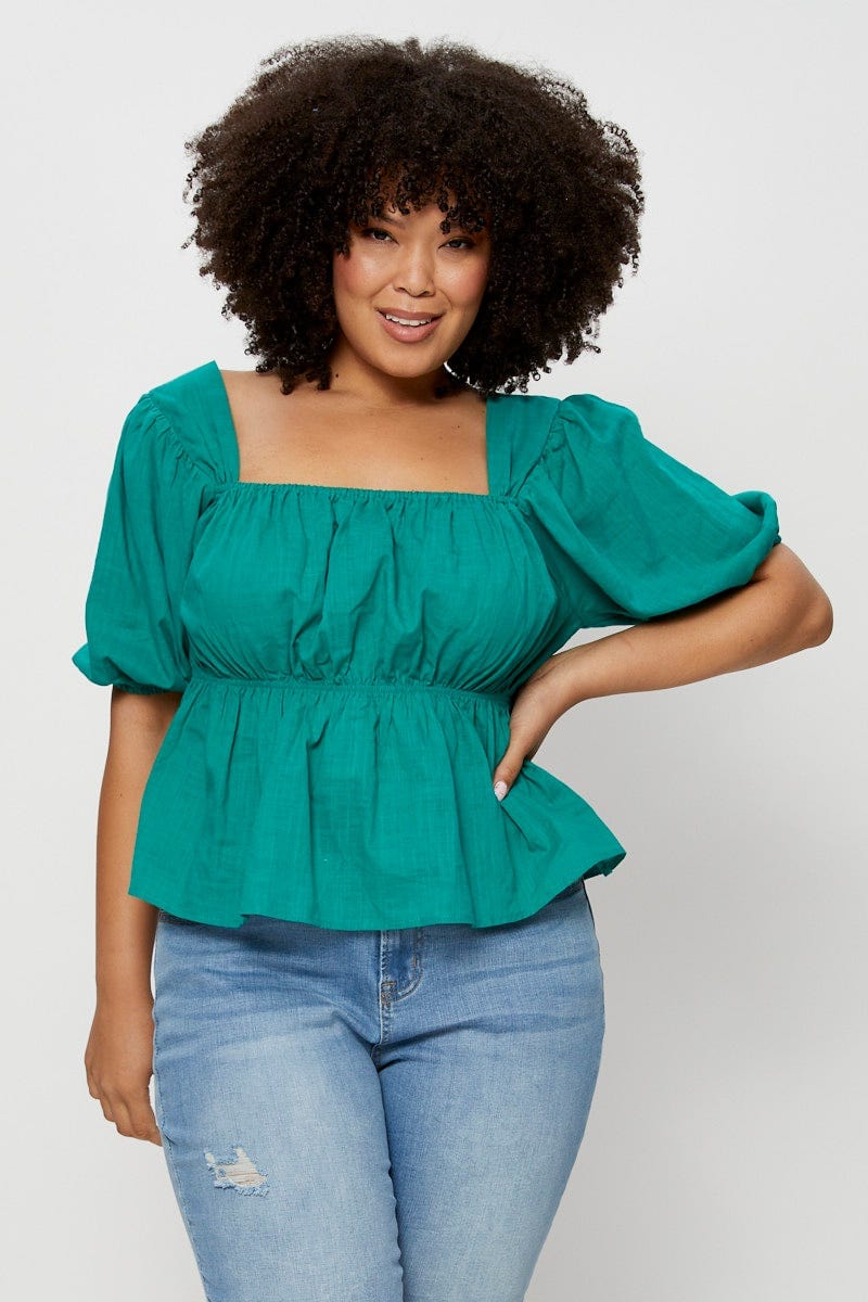 Green  Peplum Top Square Neck Short Sleeve for Women by You and All