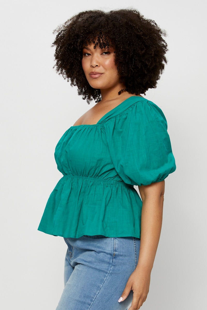 Green  Peplum Top Square Neck Short Sleeve for Women by You and All