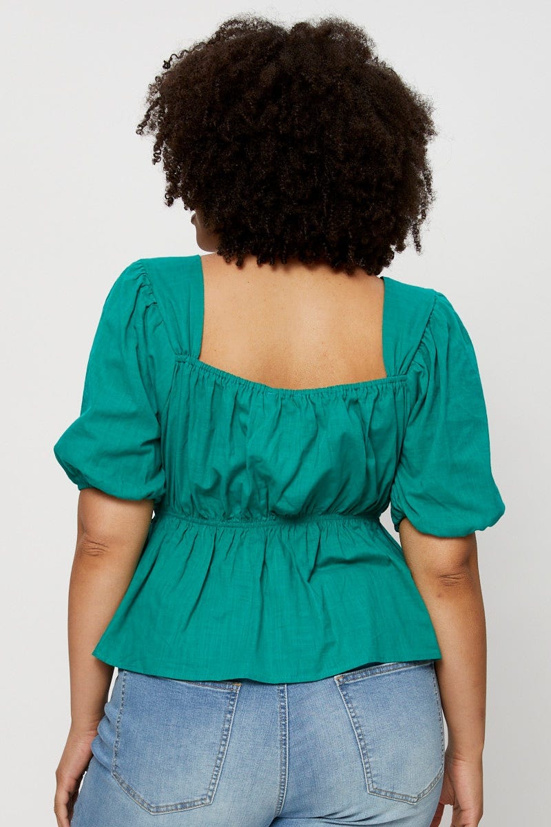 Green  Peplum Top Square Neck Short Sleeve for Women by You and All