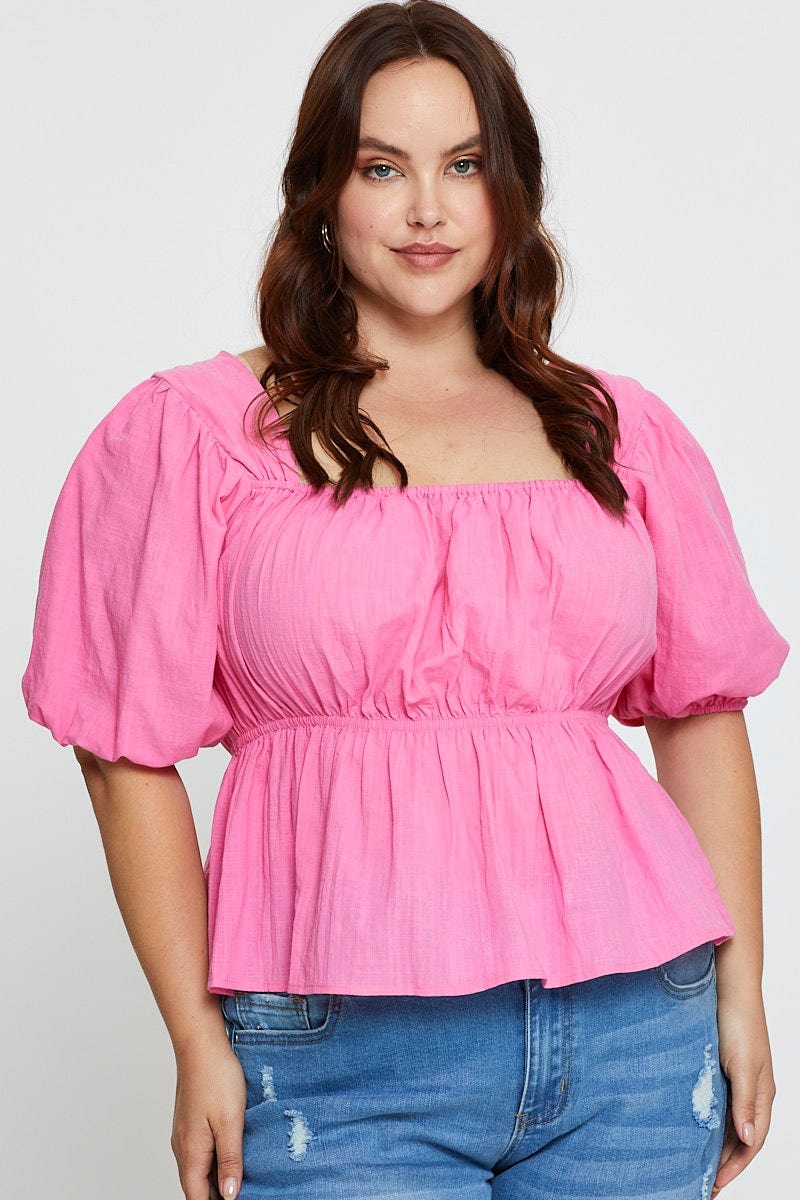 Pink Peplum Top Square Neck Short Sleeve For Women By You And All