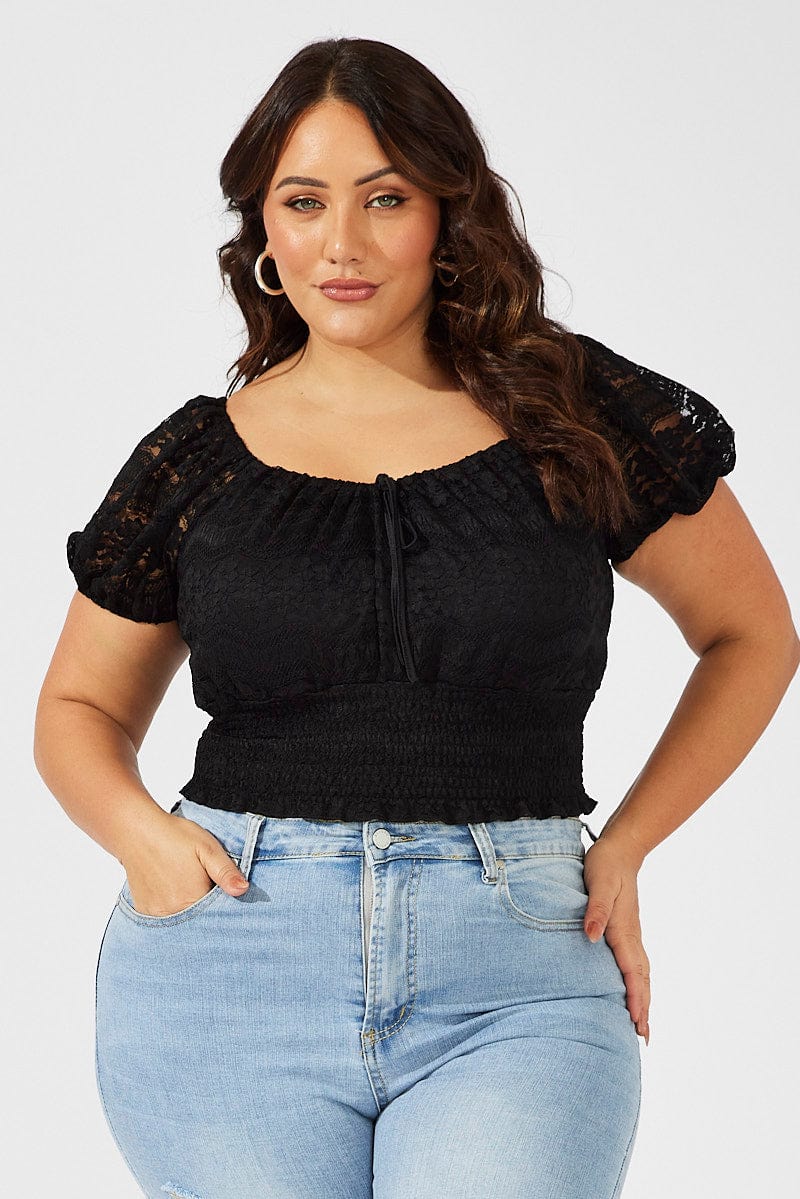 Black Crop Top Short Sleeve Shirred Waist Lace for YouandAll Fashion