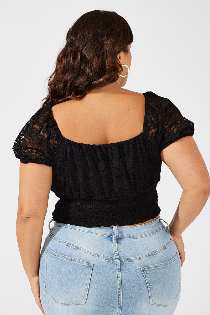 Black Crop Top Short Sleeve Shirred Waist Lace for YouandAll Fashion