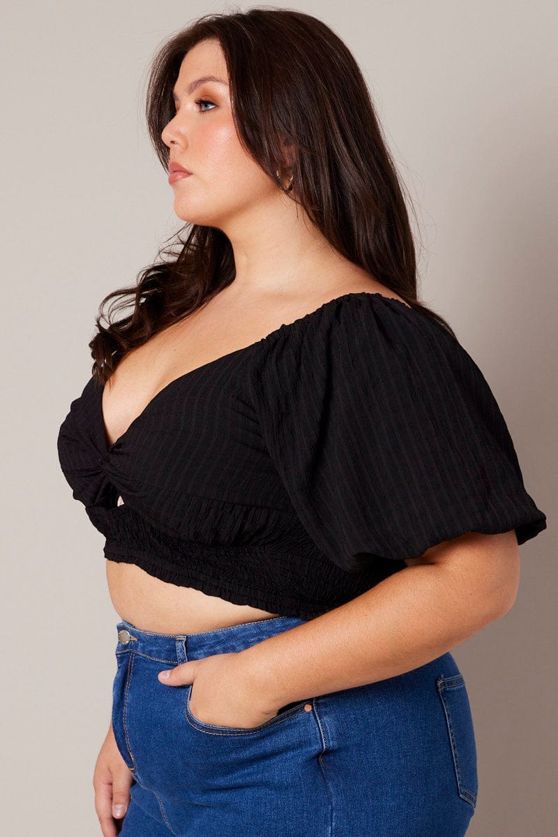 Black Crop Top Short Sleeve Cut Out Textured for YouandAll Fashion