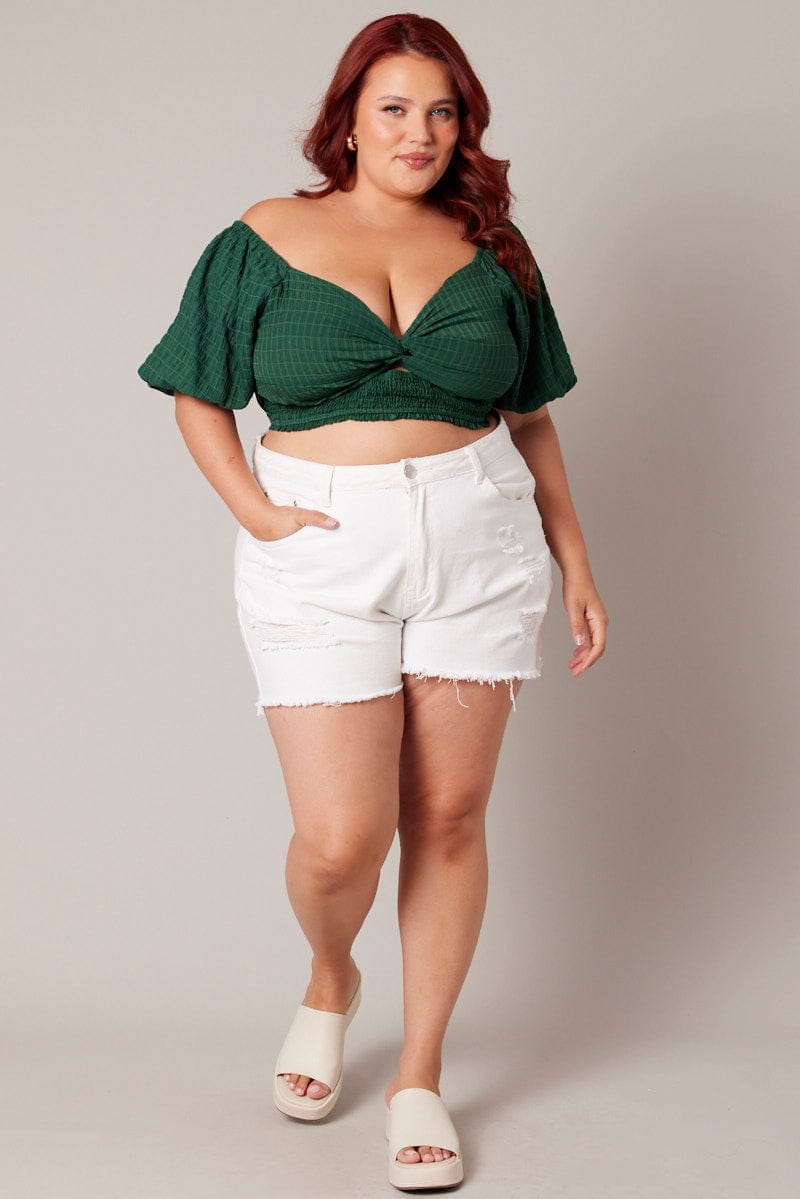 Green Crop Top Short Sleeve Cut Out Textured for YouandAll Fashion