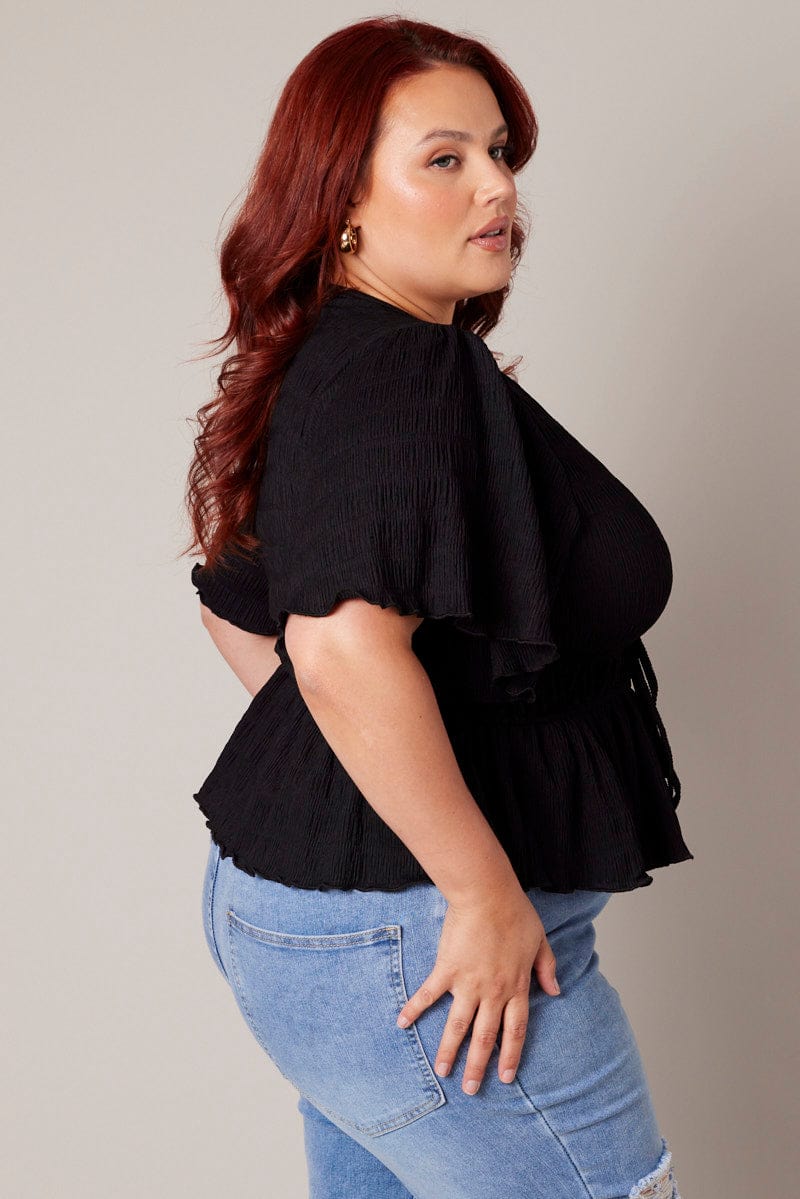 Black Wrap Top Short Sleeve Textured for YouandAll Fashion