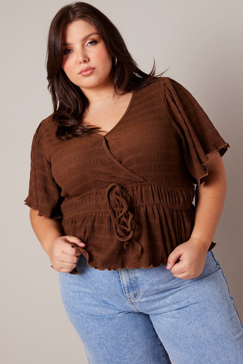 Brown Wrap Top Short Sleeve Textured for YouandAll Fashion