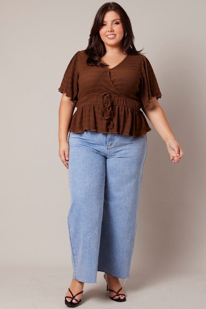 Brown Wrap Top Short Sleeve Textured for YouandAll Fashion